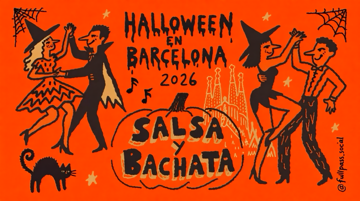 Ilustración de Halloween en Barcelona 2026 con parejas disfrazadas bailando salsa y bachata, una calabaza y la Sagrada Familia