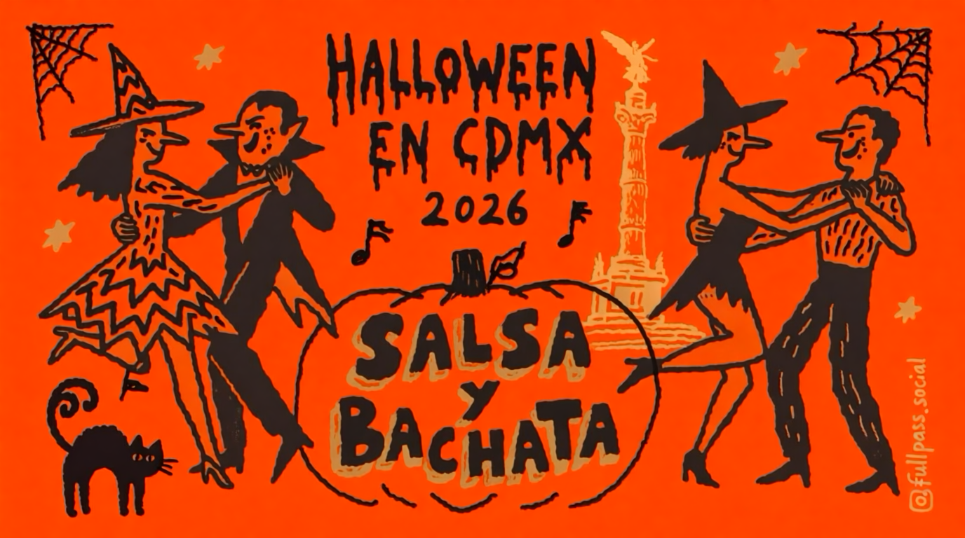 Ilustración de Halloween en CDMX 2026 con parejas disfrazadas bailando salsa y bachata, una calabaza y el Ángel de la Independencia