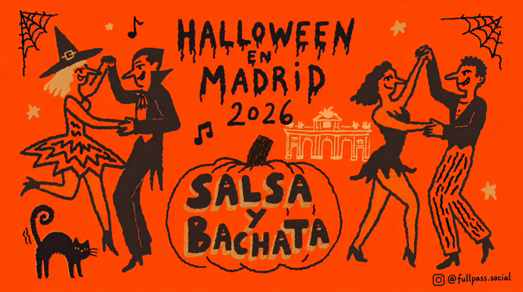 Ilustración de Halloween en Madrid 2026, con parejas bailando salsa y bachata, una calabaza y la firma @fullpass.social
