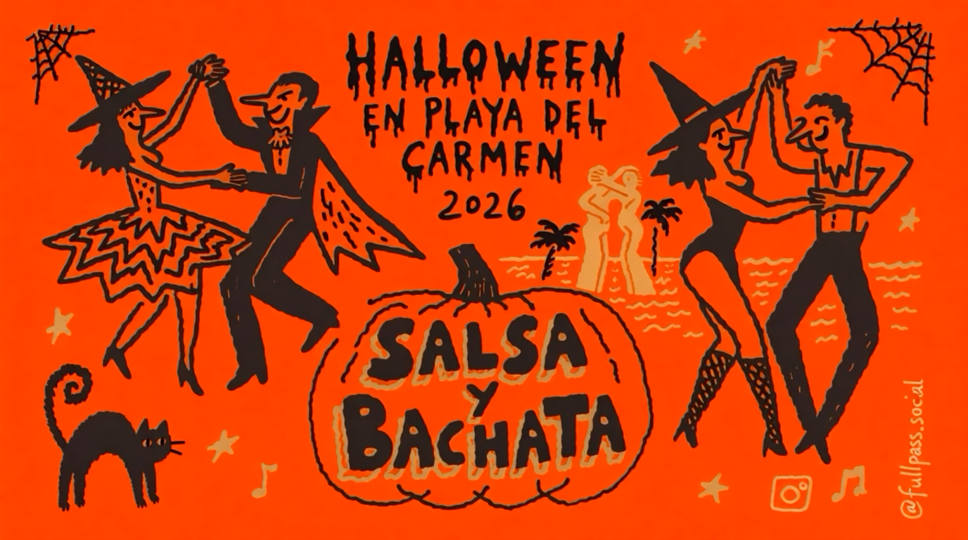 Ilustración de Halloween en Playa del Carmen 2026 con parejas disfrazadas bailando salsa y bachata, una calabaza y el Portal Maya junto al mar