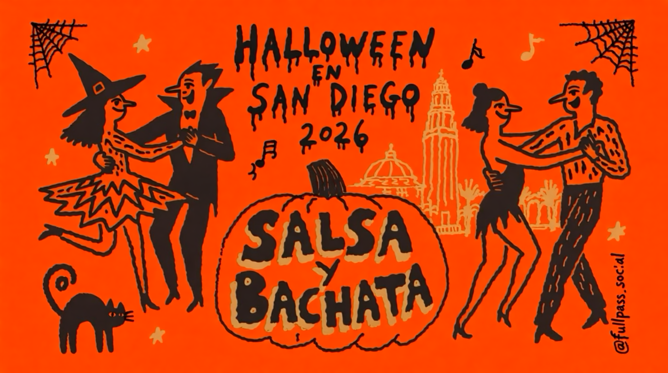 Ilustración de Halloween en San Diego 2026 con parejas disfrazadas bailando salsa y bachata, una calabaza y edificios de Balboa Park