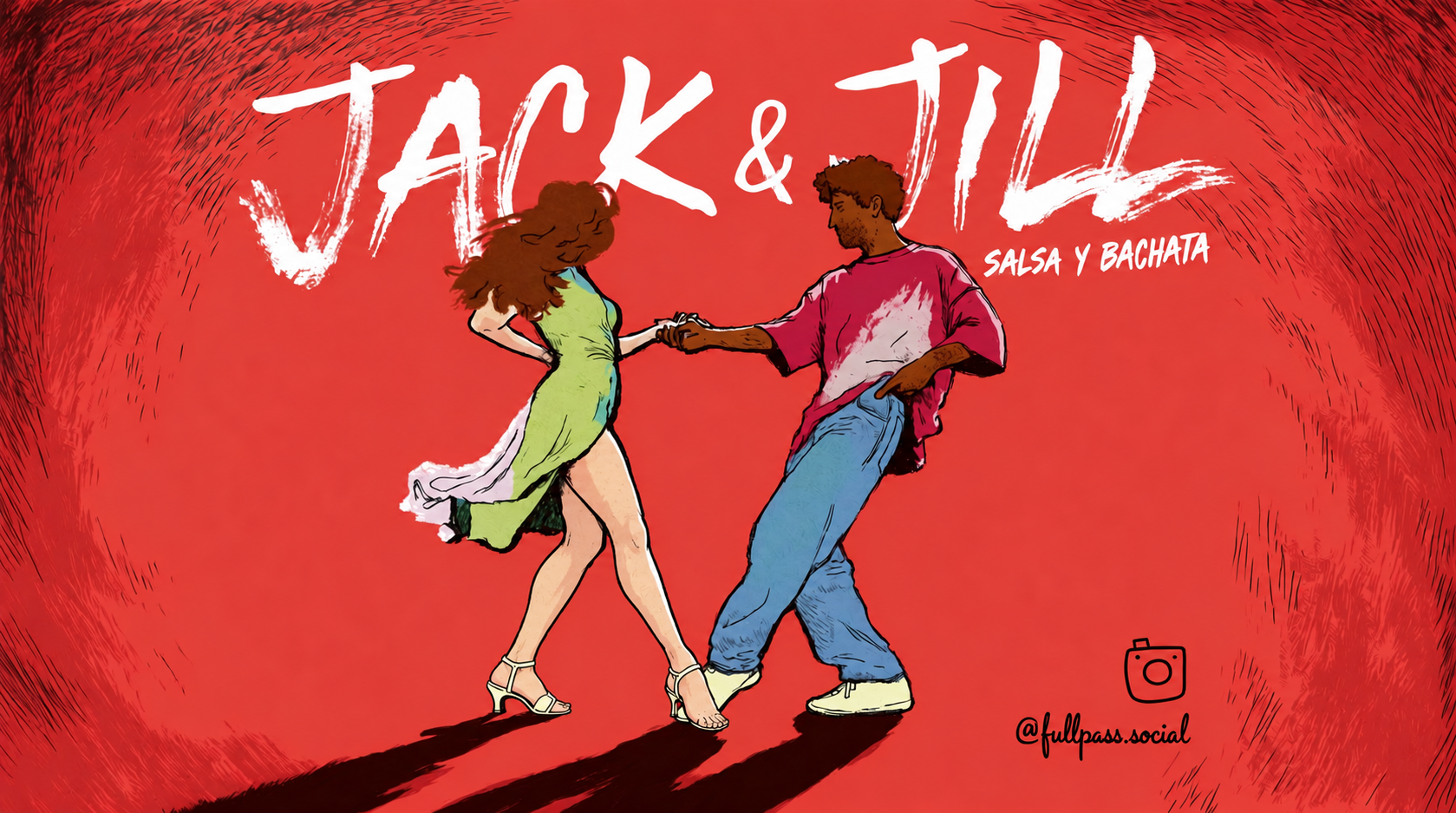 Ilustración de Jack & Jill con una pareja bailando salsa y bachata sobre un fondo rojo